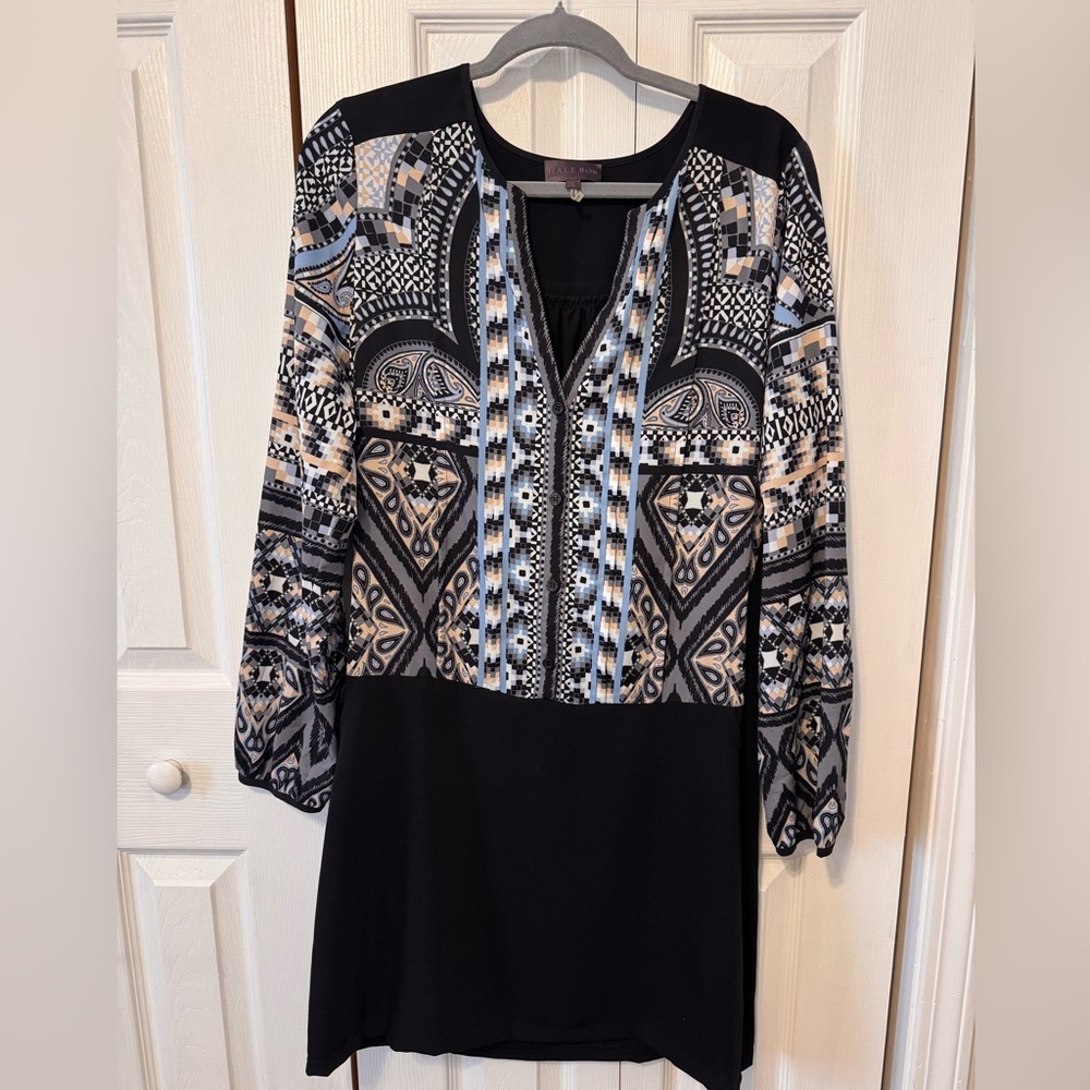 Hale Bob Black White Blue Tan Design Long Sleeve Pullover Dress Sz L Knee Length - Picture 11 of 16